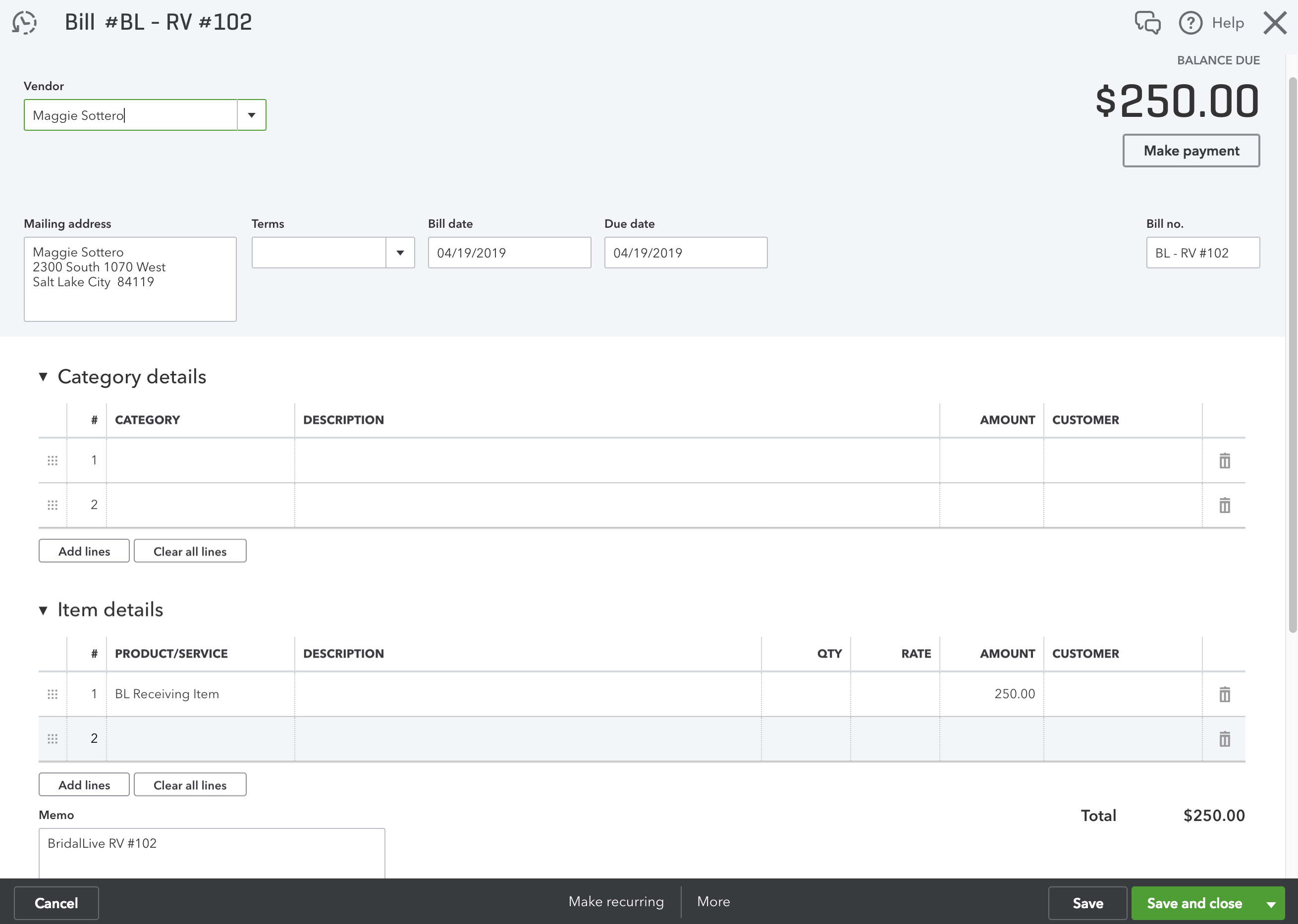 QB BL Receiving Item