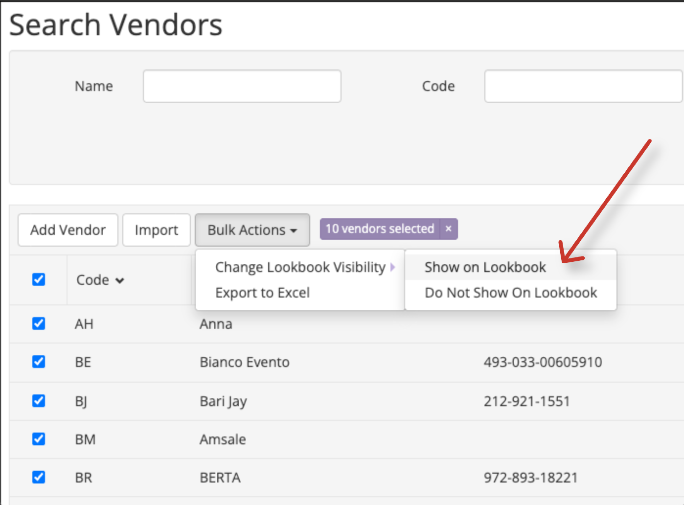 Search Vendors Interface with Bulk Actions Menu.png
