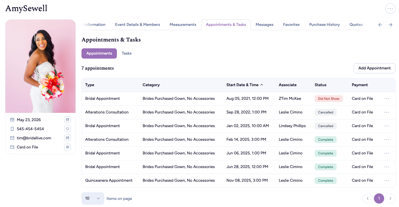 Viewing appointments in BridalLive Beta (desktop view)