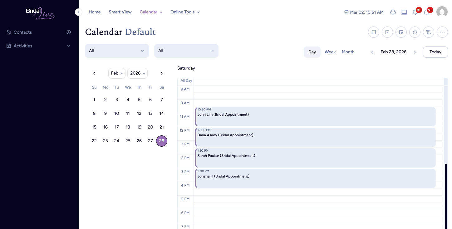 Default calendar view in BridalLive Beta (desktop view)