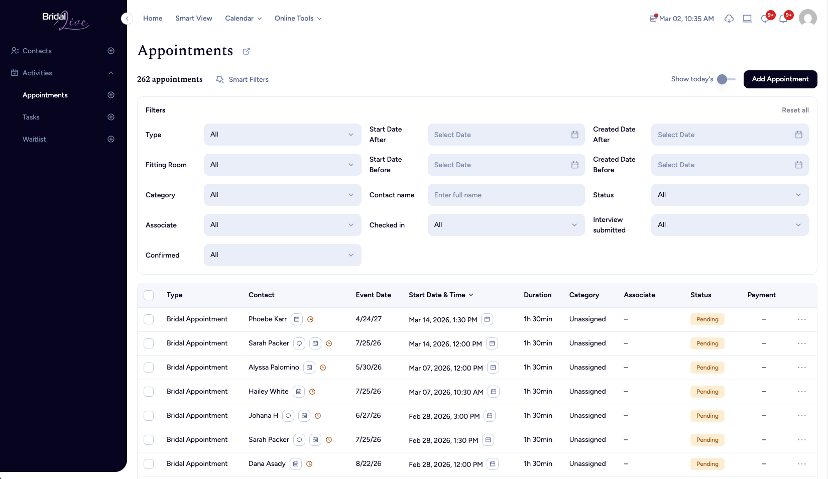 Viewing appointments in BridalLive Beta (desktop view)