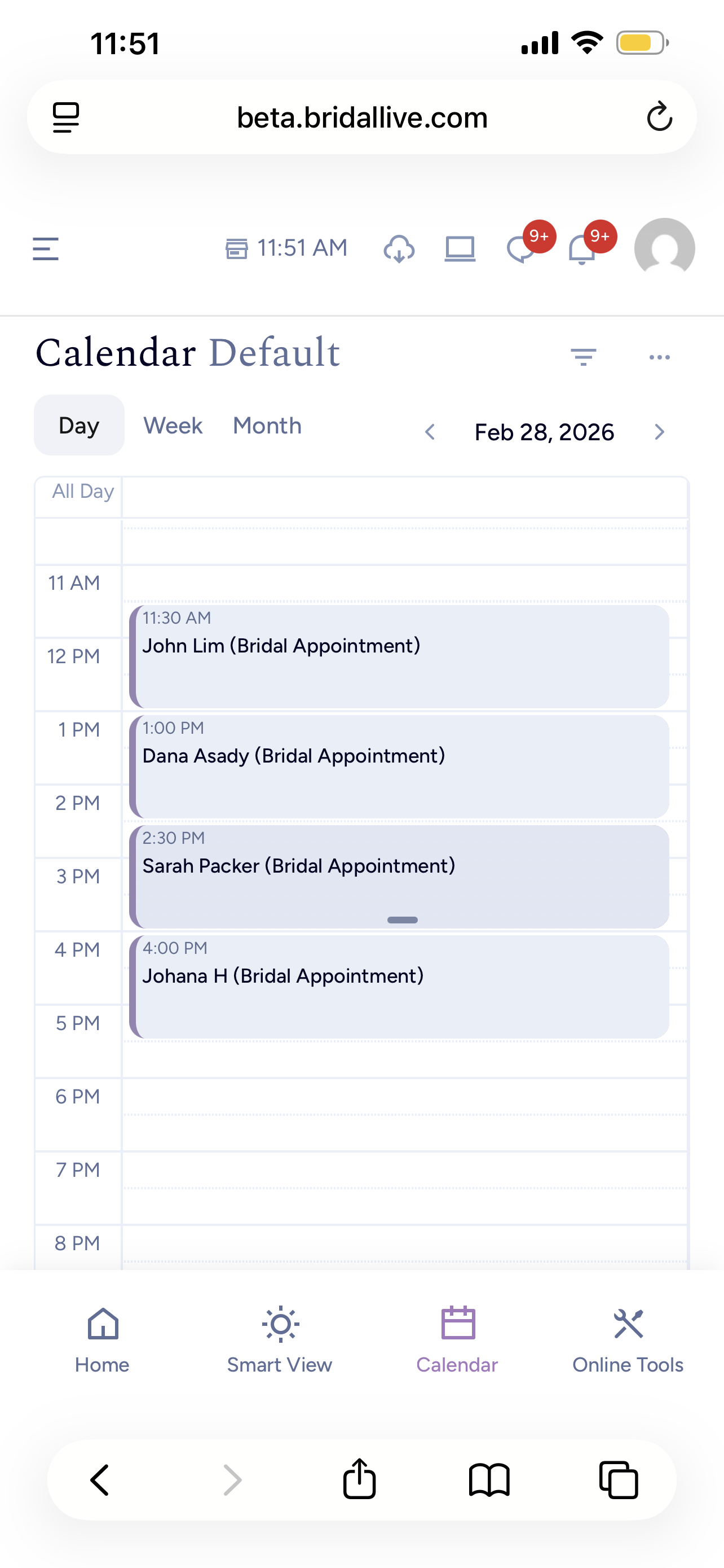 Default calendar view in BridalLive Beta (mobile view)