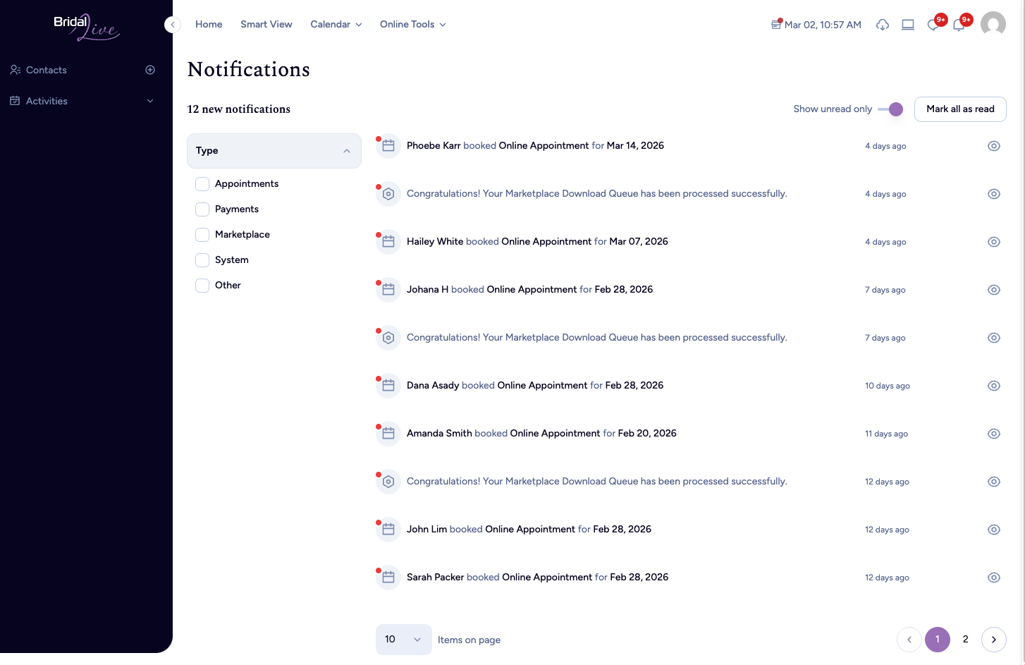 Notification page in BridalLive Beta (desktop view)