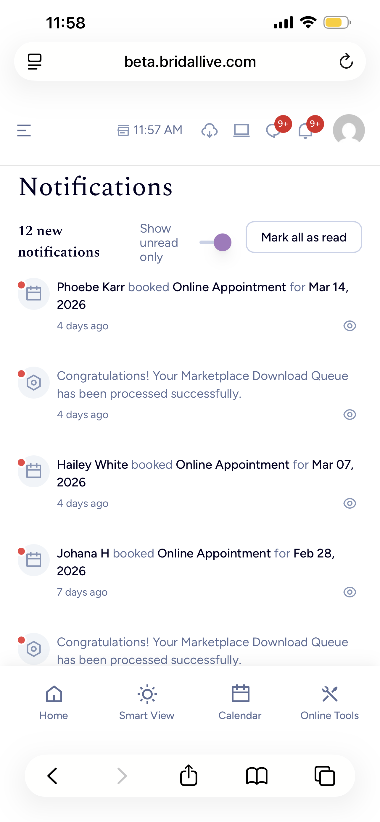 Notification page in BridalLive Beta (mobile view)