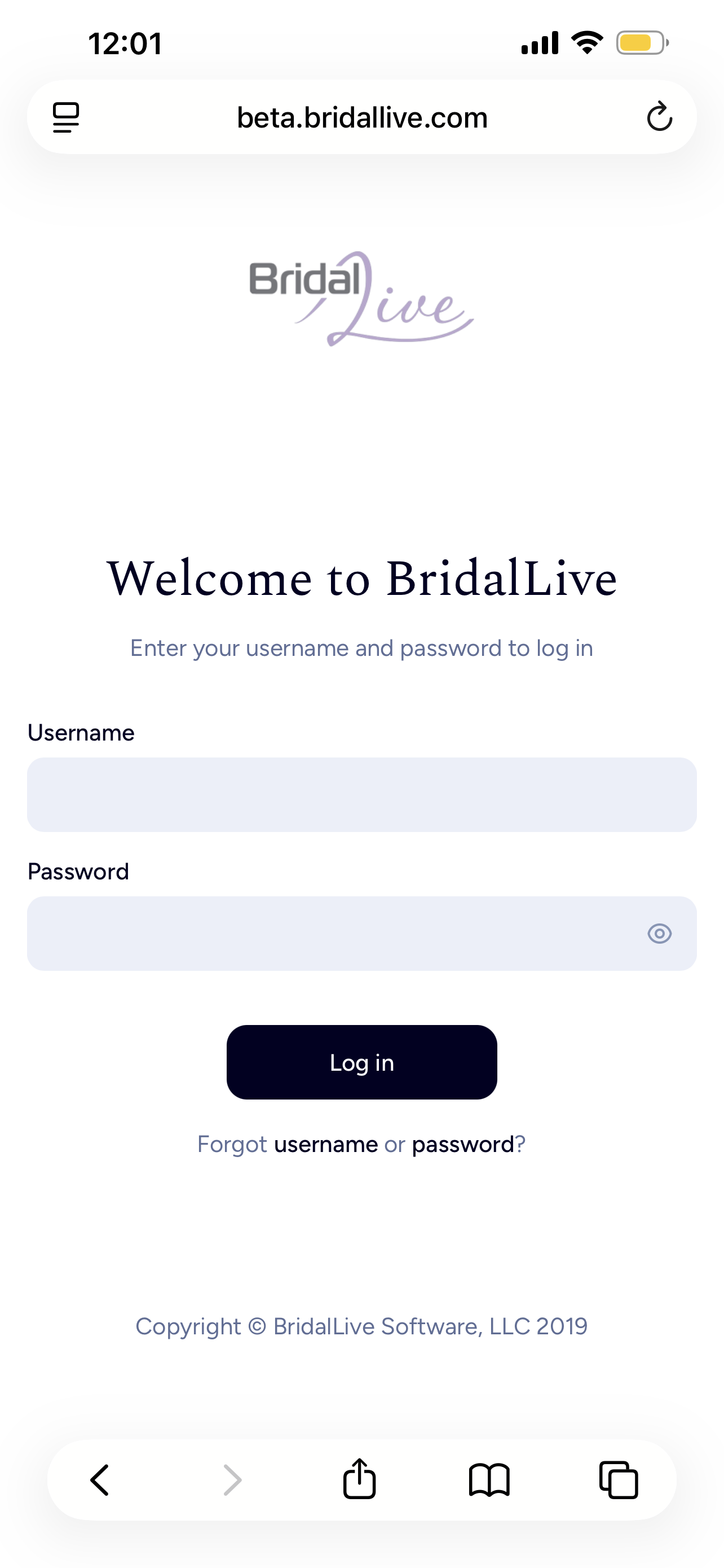 BridalLive Beta log in screen (mobile view)